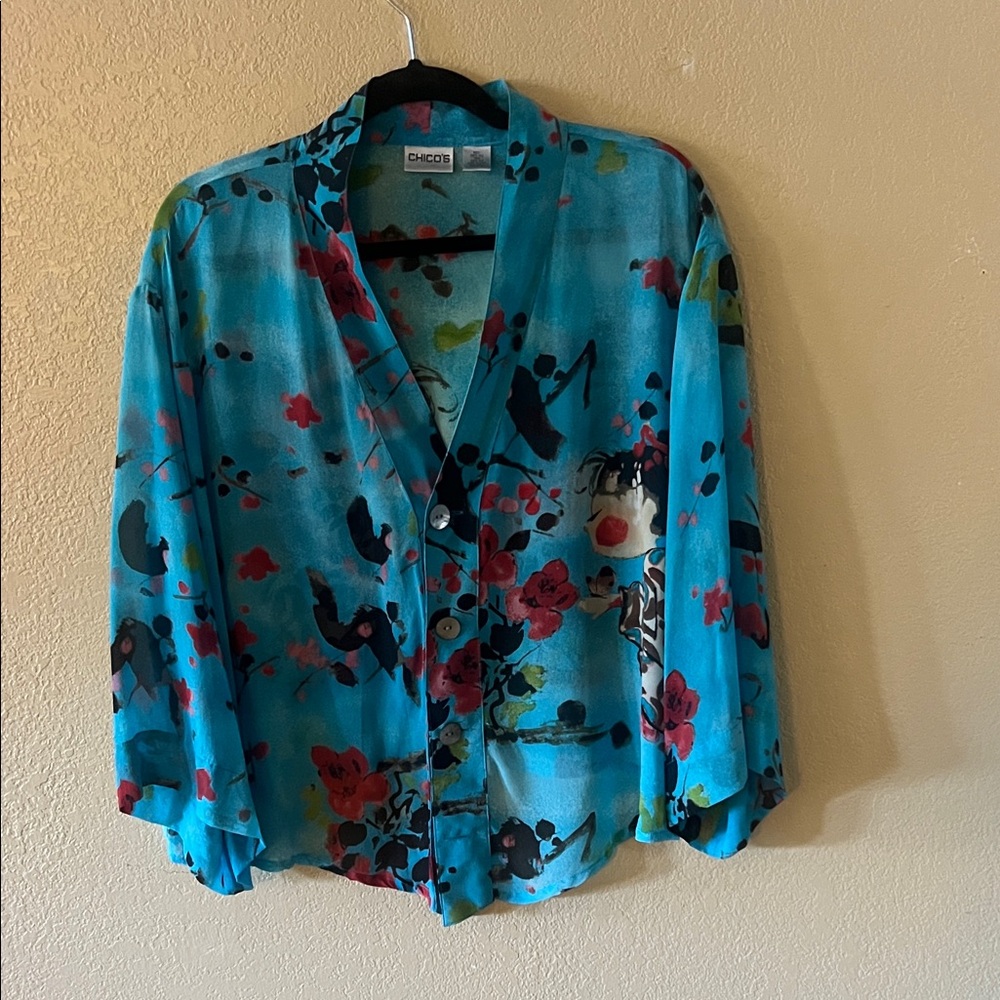 Chico's Blue and Red Floral Cardigan